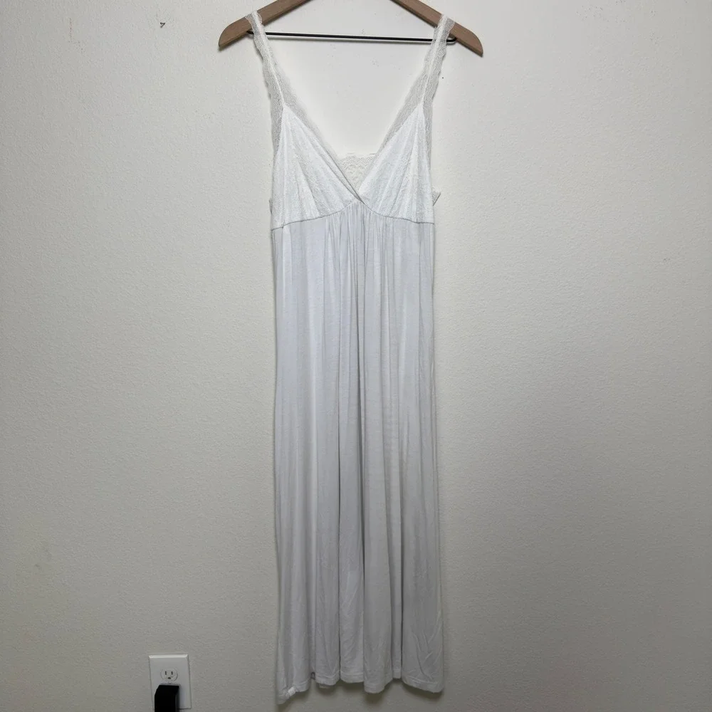 NEW Barefoot Dreams Women Luxe Milk Jersey Dress Gown XL Pearl Lace Nightgown‎
